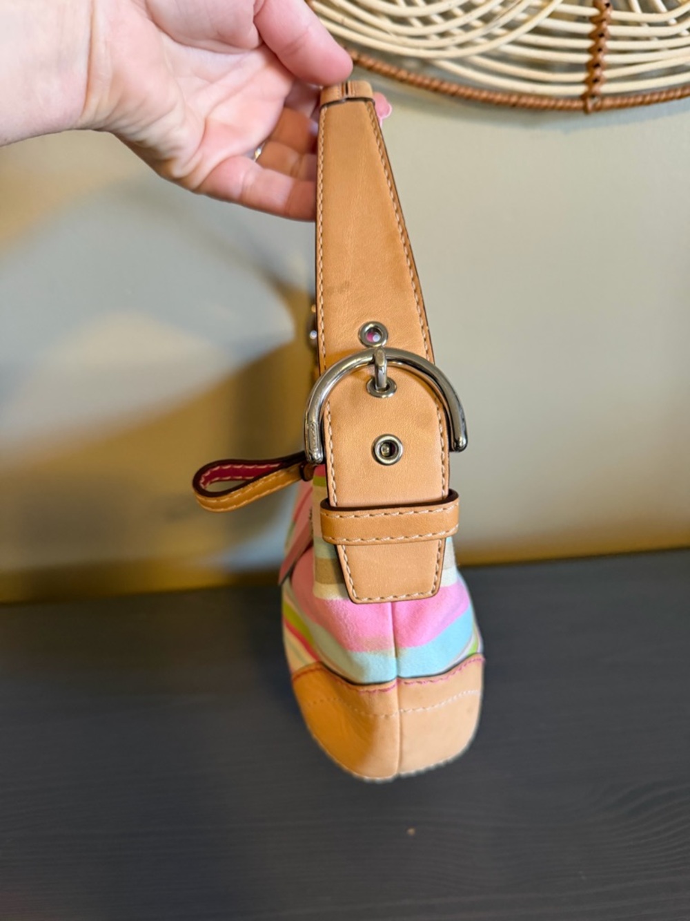 Coach Pink, Light Blue & Tan Striped Shoulder Bag - Picture 4 of 13